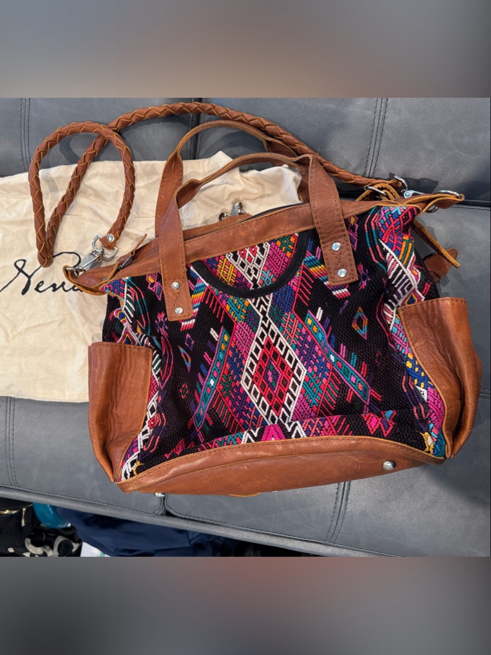 Nena & Co. Leather + Huipil Guatemalan Convertible Day Bag Tote (Original Style)